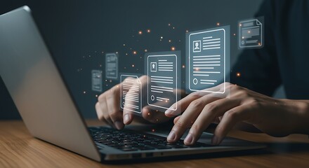 Person typing on laptop with digital documents floating image