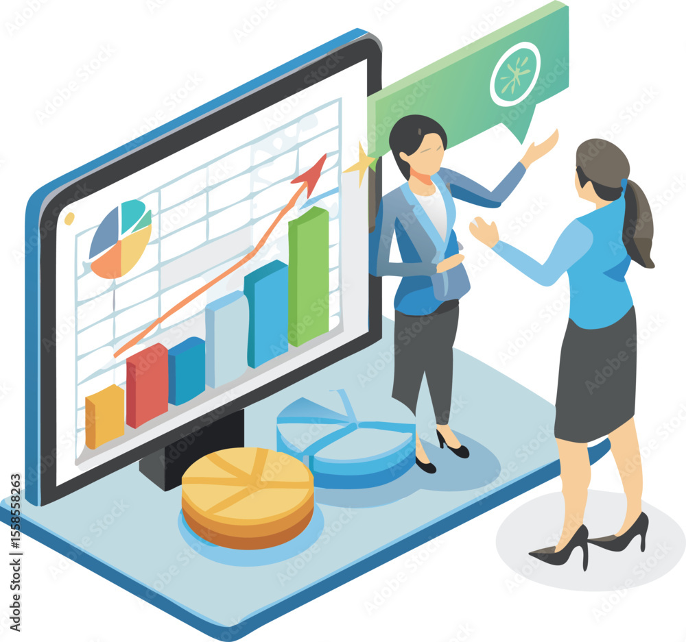 Poster two businesswomen discussing data analysis presented on a computer screen with charts and graphs sho
