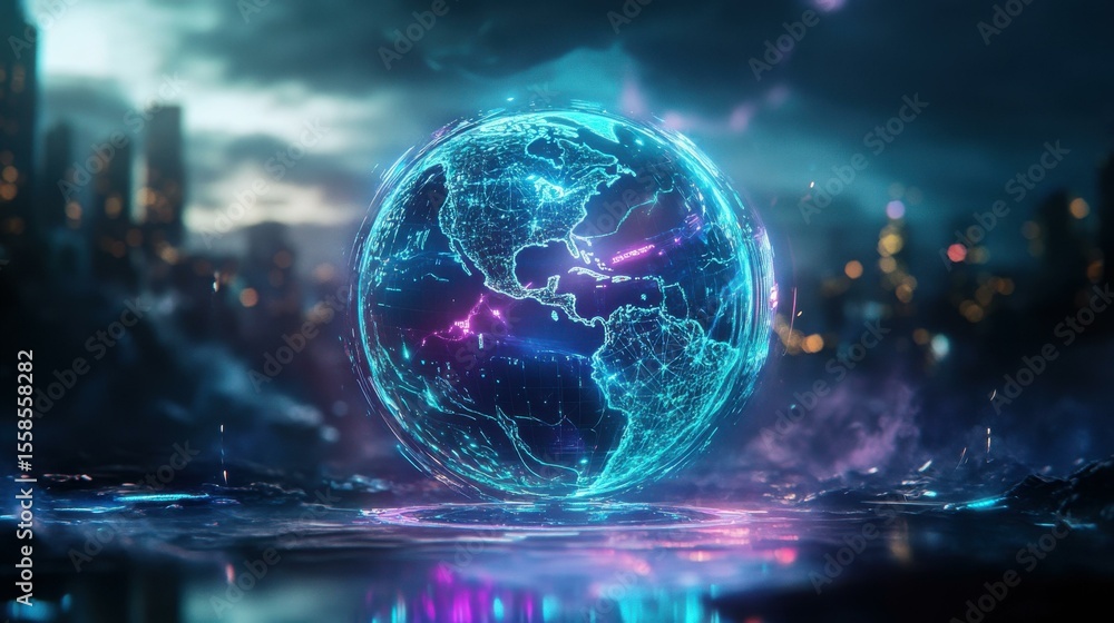 Poster globe illuminated with digital network lines in futuristic cityscape