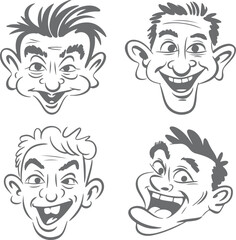Four Gray Scale Cartoon Silhouettes of Men with Exaggerated Features Showing Wide Open Mouths and Expressive Eyes