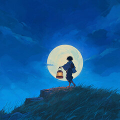 Anime boy and cat sitting on rooftop under starry sky with city lights