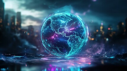 Fototapeta premium Globe illuminated with digital network lines in futuristic cityscape