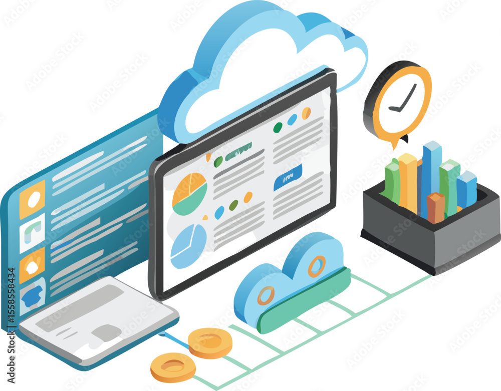 Poster isometric representation of cloud computing with laptop, charts, and time management elements shown 