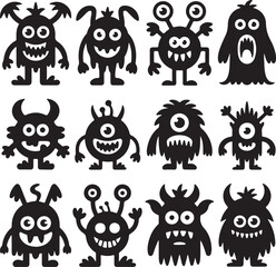 Obraz premium Twelve Black Silhouette Monsters Cartoon Characters Set Cute Funny Friendly Halloween Design Elements
