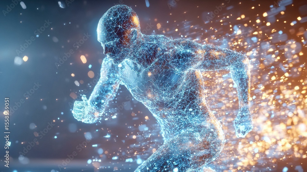 Poster Determined man running in abstract digital environment