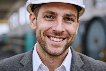 Smiling Engineer at Industrial Site Wearing White Safety Helmet for Inspection