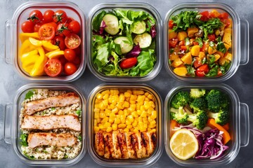 Healthy lunch boxes with chicken, vegetables and groats for balanced week diet