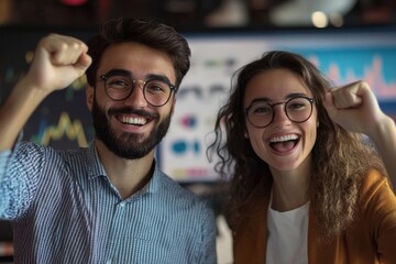 Two business employees expressing cheerfulness after being promoted in the company., Generative AI