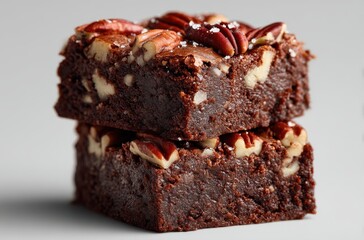 Delicious Chocolate Brownie with Pecans and Walnuts Stacked on a Gray Surface, Tempting Dessert for Baking and Sweet Tooth Cravings