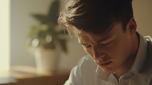 Young sad Caucasian man looking down near window indoors