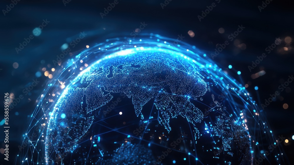 Poster illuminated globe representing global network connections at night