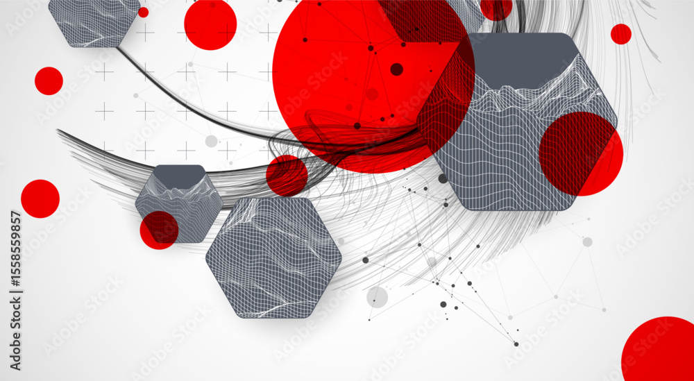 Aufkleber Scientific and technological background. Wave with wireframe  hexagons of different types on a gray gradient.