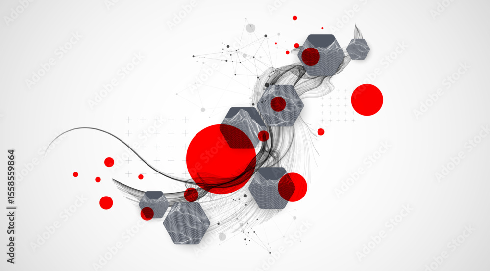 Aufkleber Scientific and technological background. Wave with wireframe  hexagons of different types on a gray gradient.