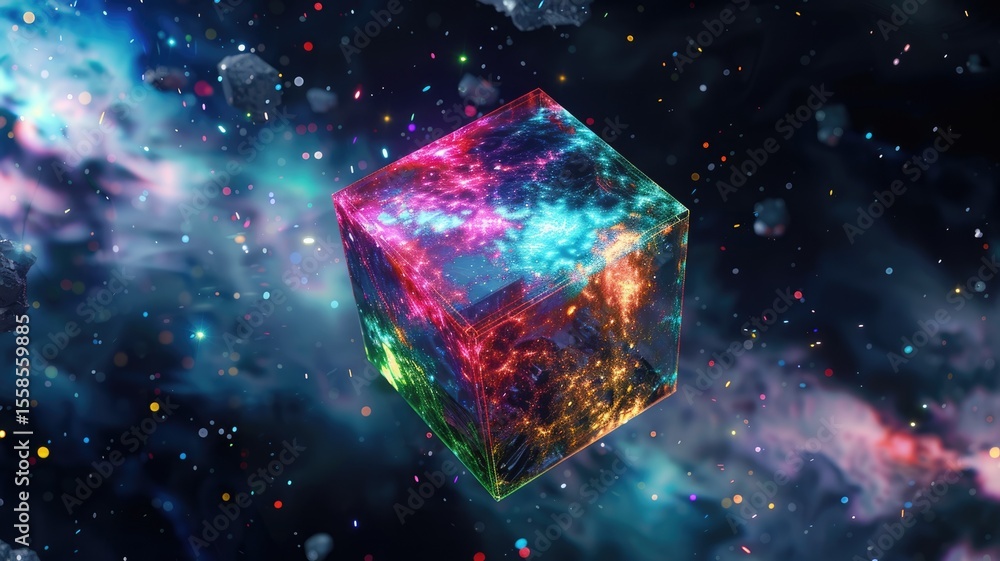 Aufkleber abstract chaotic and energetic of mixed digital style cube object, burst of colorful light pattern i