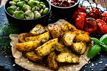 Boiled broad bean with roasted potatoes and cherry tomatoes with tomato pesto on wooden table
