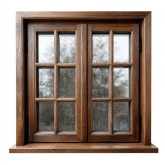 Classic wooden window with grids and a view of trees and foliage against a white background