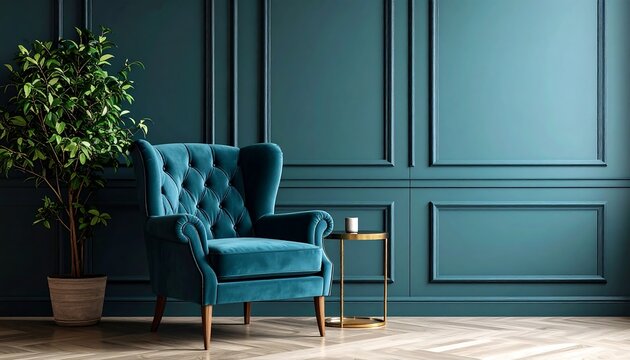 Elegant Teal Armchair  Plant in Stylish Room with Panel Wall.