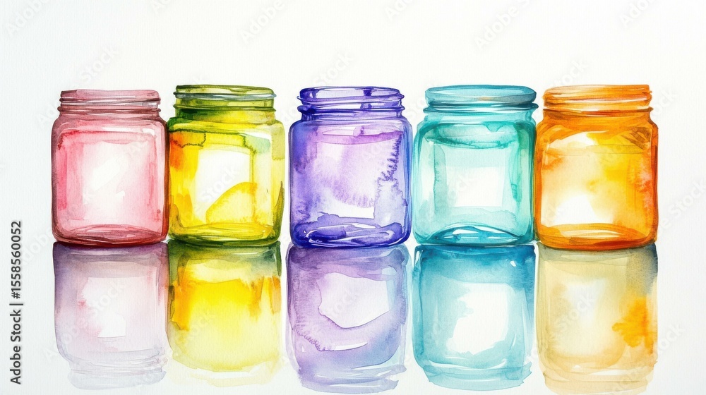 Poster Colorful empty jars on white background in studio setting