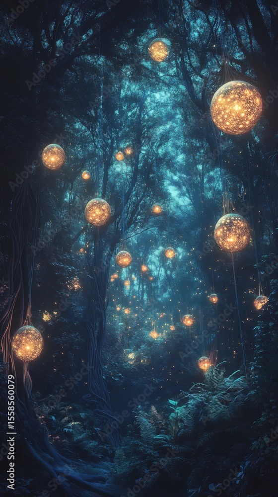 Poster glowing orbs hanging from trees in mystical forest at night