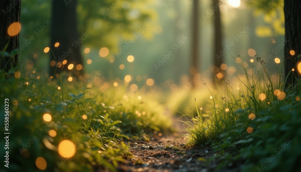 Aufkleber Serene forest path illuminated by fireflies in daytime