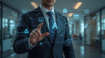 A businessman interacting with a holographic interface displaying various business related icons