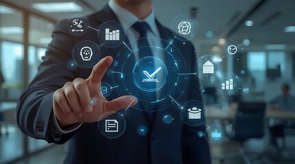 A man in a suit interacts with a digital interface displaying various business related icons in a modern office