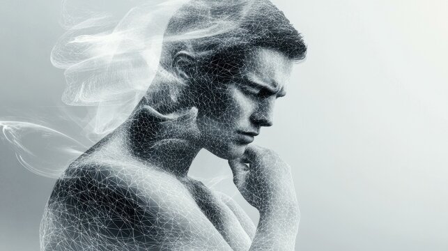 Pensive young man with digital overlay in studio setting