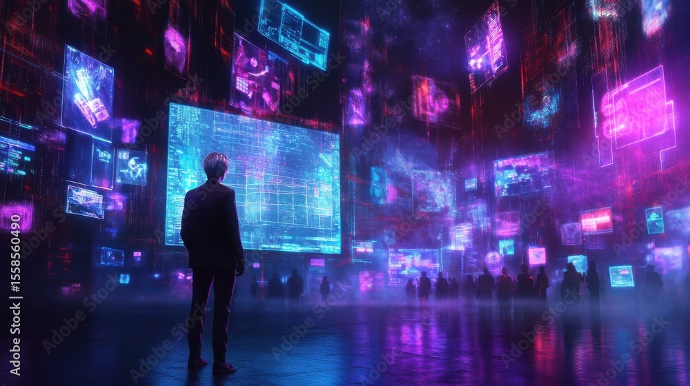 Aufkleber contemplative asian man in futuristic data visualization space at night