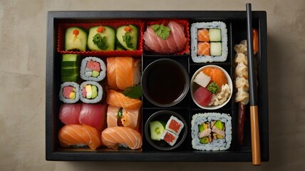 Assorted sushi bento box overhead shot