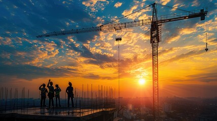 Engineer team use crane, technology to build high and strong structure such as condominium or tower. Teamwork of architect group discussing to construct infrastructure or construction in city. AIG53.