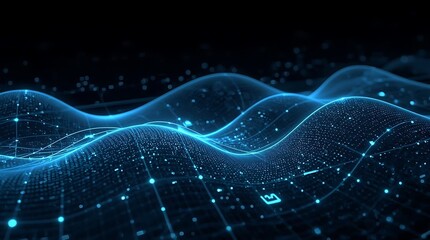 Naklejka premium Abstract blue glowing waves with connected dots and lines on a dark background rendering