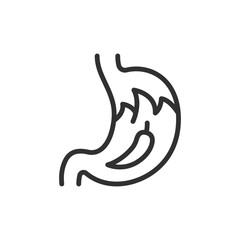 Stomach with pain, linear icon. Gastric discomfort, acid reflux, or indigestion. Line with editable stroke.