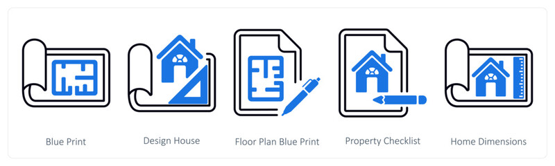 A set of 5 mix icons as blue print, design house, floor plan blue print