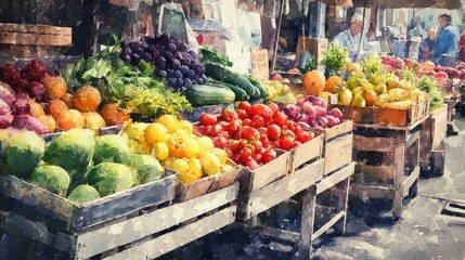 Colorful assortment of fresh fruits and vegetables in crates