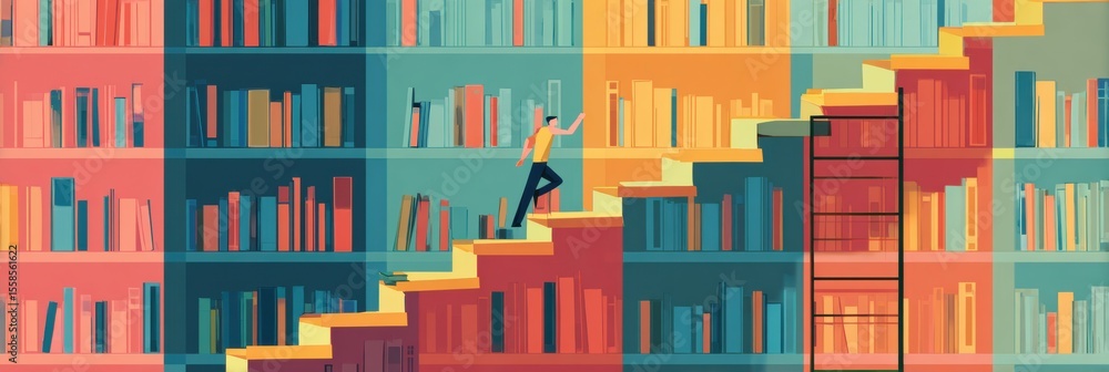 Poster library shelf transforms into stairs with a figure climbing, illustrating the journey of knowledge d