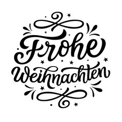 Merry Christmas in german. Hand lettering black text in a round shape isolated on white background. Vector typography for posters, cards, holiday decor, Christmas balls, ornaments