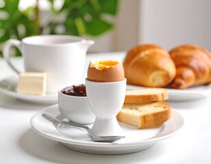 Fototapeta premium Breakfast scene with boiled egg, croissants, and toast