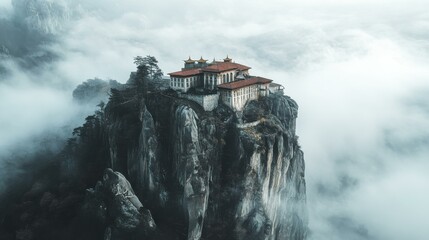 Serene temple on foggy cliff with trees in Asian style