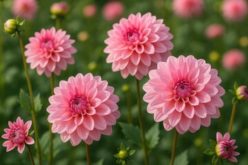 Garden display of pink dahlias
