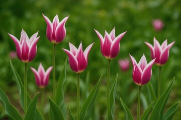 Obraz premium Springtime pink tulips with lily-like blooms flourishing in a garden during April