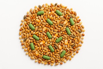 Bird seed mixture with added supplements and vitamins for energy, viewed from above against a white backdrop