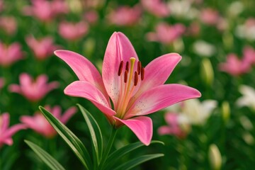 Fototapeta premium Bright pink lily bloom against a summer floral backdrop