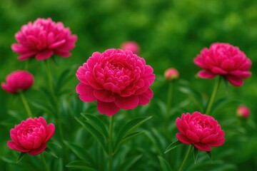 Fototapeta premium Vibrant red and pink peonies blooming in a lush garden setting