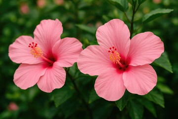 Bright pink hibiscus blossoms in full bloom
