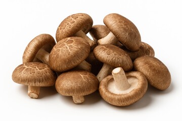 Fototapeta premium Heap of new shiitake mushrooms on a plain white backdrop. Natural organic Asian fungi for health.