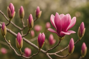 Fototapeta premium Detailed view of bright pink magnolia flowers and buds on leafless branches, indicating spring's start. The gentle petals stand out against the natural scenery.