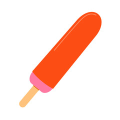 Ice cream on stick. Frozen juice on wooden stick, red fruity popsicle. Flat vector isolated illustration	