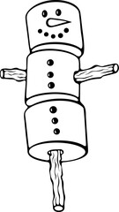 Marshmallow snowman with a straw. Cute holiday-themed of a sweet winter drink topper. Vector illustration in hand drawn doodle sketch style. Line art isolated on white for coloring book, print