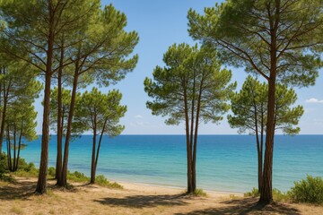 Coastal landscape featuring pine trees