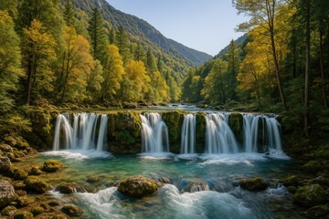 Scenic mountain landscape featuring cascading waterfalls and a flowing river